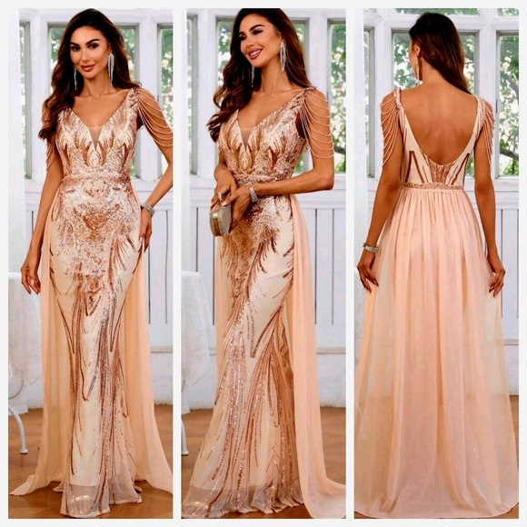 Elegant Champagne/ Gold Floral Wedding Dress - Picture 1 of 14